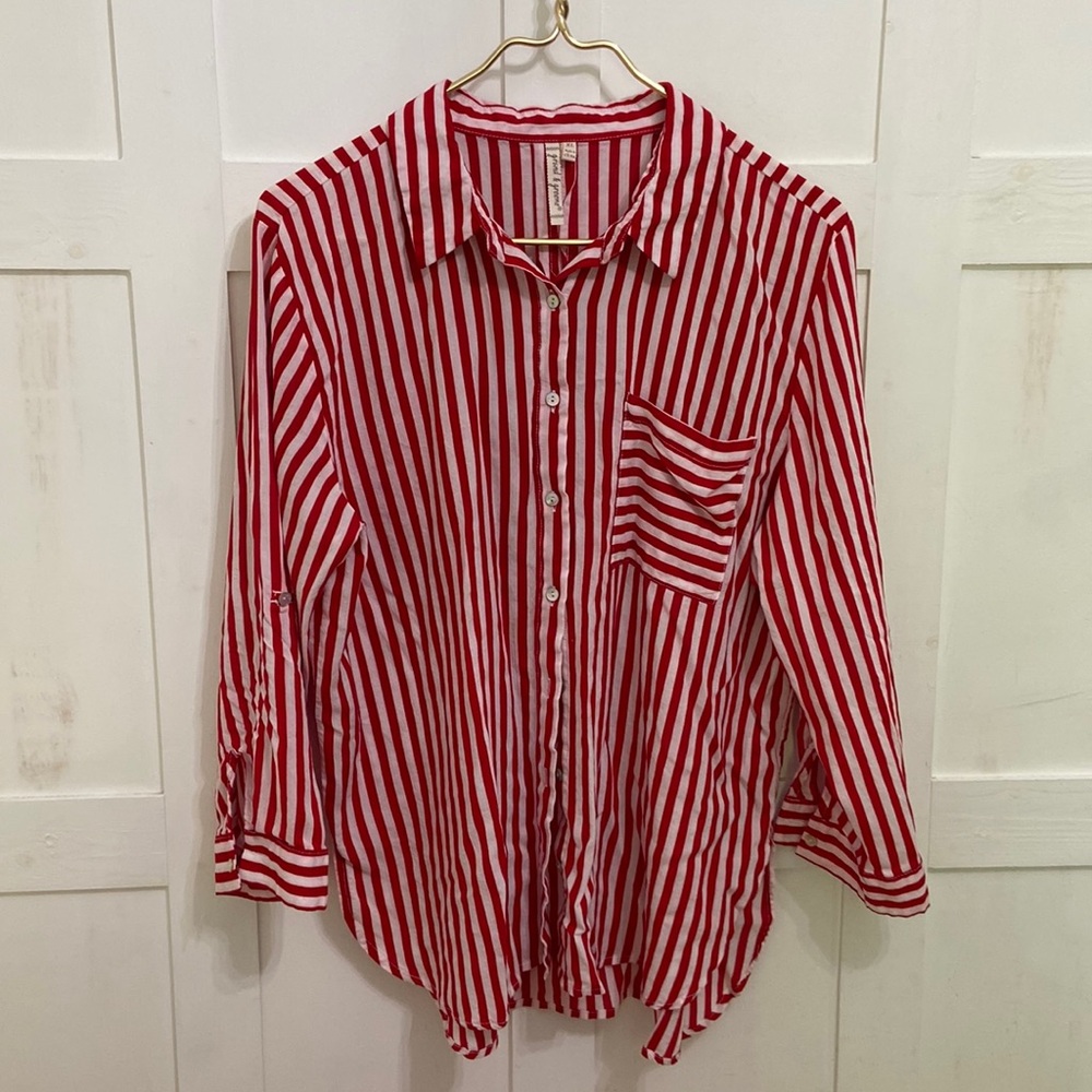Grand & Greene Button Down Red and White Nautical Striped Women’s Blouse Size XL